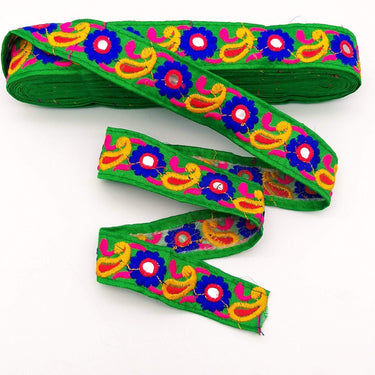 Green Floral Mirrored Trim With Royal Blue Flowers And Yellow Paisley Embroidery, Decorative Trimming, Trim By 3 Yards